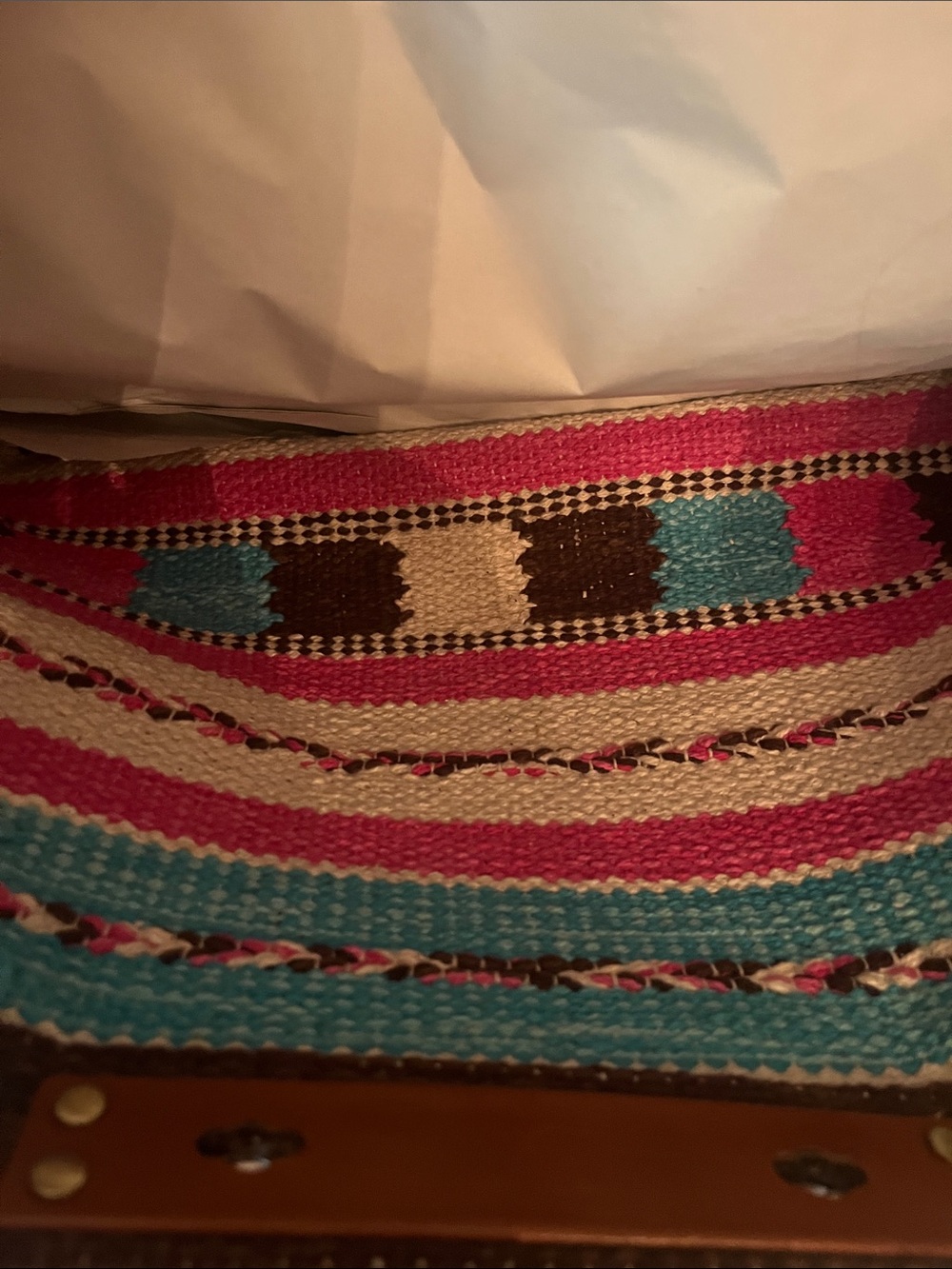 Patricia Nash Pink Turquoise Woven Stripe Tote with Brown Leather Handles - Picture 10 of 15